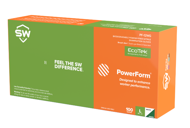 SW Sustainable Solutions PF-12WG powder-free Nitrile Extended-Cuff Nitrile Examination Gloves with EcoTek Sustainable Technology, pH Natural, Energel and Breach Alert